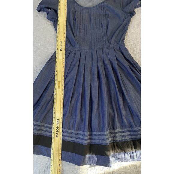 EShakti Sz M (10) Chambray Pintuck Puff SS Fit’N’Flare Black Trim Full Skirt Drs - Picture 13 of 14